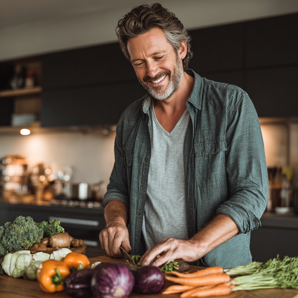 Happy middle-aged man in his late 40s smiling while preparing healthy vegetables in a bright modern kitchen, showing satisfaction with his nutrition planning results