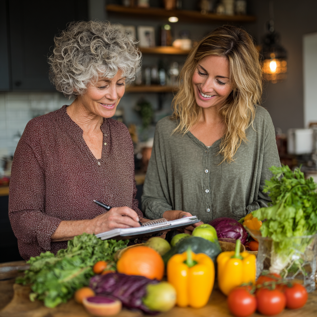 Professional nutritionist woman in her 50s consulting with a middle-aged client about healthy meal planning in a modern kitchen setting